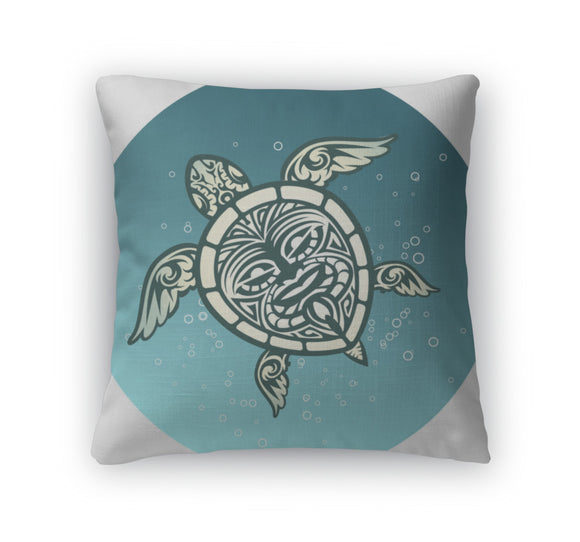 Throw Pillow, Swimming Sea Turtle With Polynesian Tribal Pattern