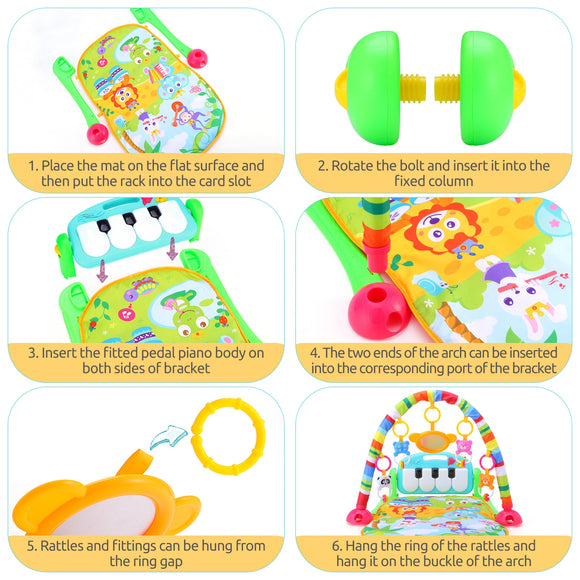 HE0603 Baby Piano Fitness Mat Newborn Educational Toy with Light / Music / 4 Animal Cartoon Rattles / 1 Small Mirror