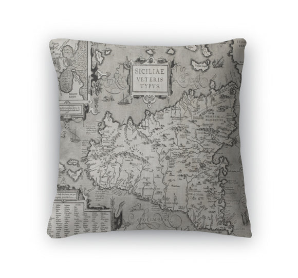 Throw Pillow, Sicily Old Map With Syracuse Detail