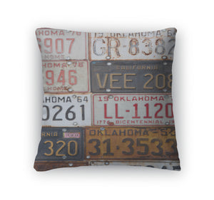 Throw Pillow, Group Of Old Vintage American License Plates