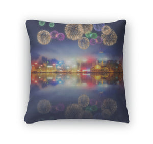 Throw Pillow, Beautiful Fireworks In Hong Kong And Financial District