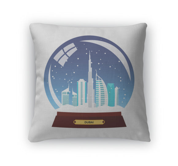 Throw Pillow, Snow Globe City Dubai In Snow Globe Winter Travel Illustration