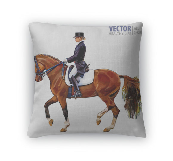 Throw Pillow, Equestrian Sport Horsewoman Jockey In Uniform Riding Horse Outdoors Dressage