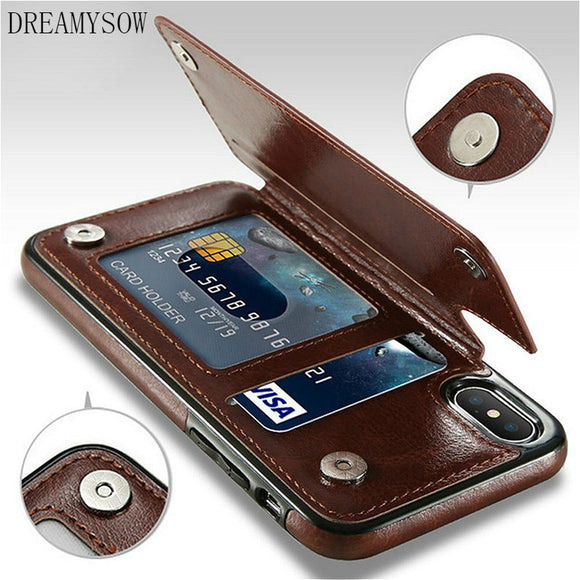 Card Slot Holder Cover Case For iPhone 8 7 6 6S Plus X 10 XS SE 5S 5 For Samsung Note8 S8 Plus S7 Edge Luxury Retro Leather Bag