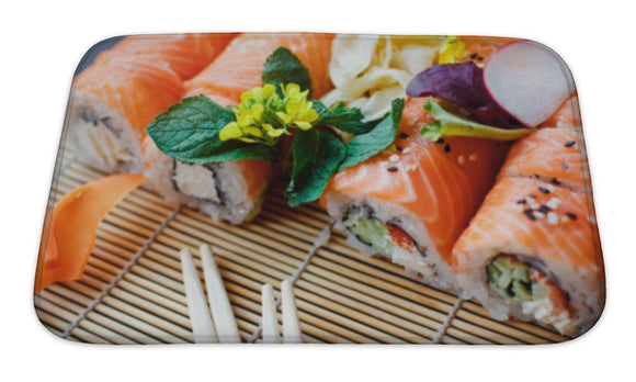 Bath Mat, Sushi Rolls Philadelphiwith Salmon And Chopsticks In Restaurant