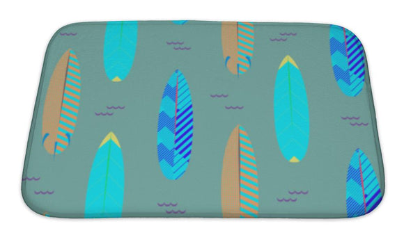 Bath Mat, Surfboard Pattern Blue And Cyan Striped Boards On White