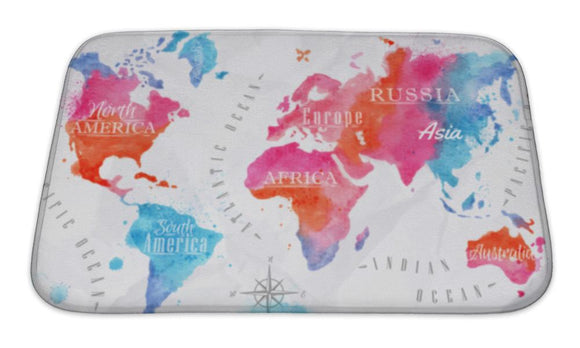 Bath Mat, Watercolor World Map Pink Blue