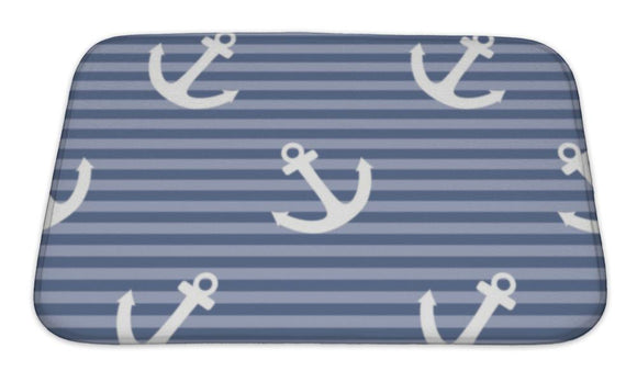 Bath Mat, Tile Sailor Pattern With White Anchor On Navy Blue Stripes