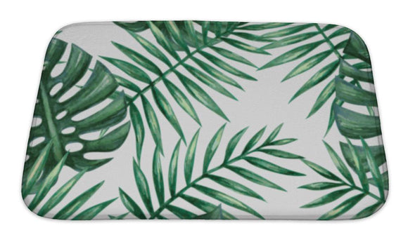 Bath Mat, Watercolor Tropical Palm Leaves Pattern Illustration