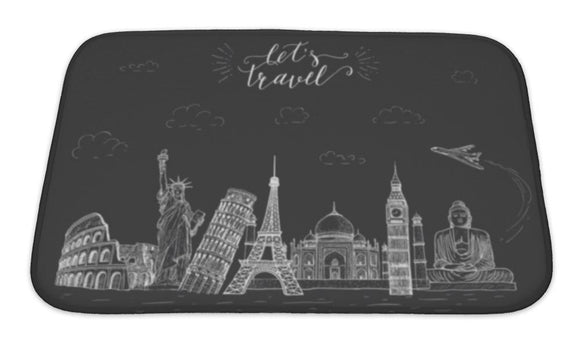 Bath Mat, World Travel And Sights Tourism Banner With Handlettering Quote