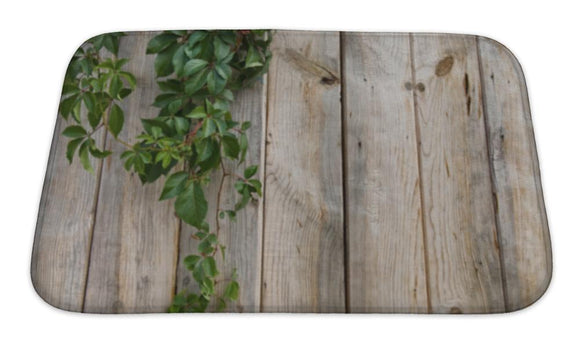 Bath Mat, Wooden Wall With Green Leaves