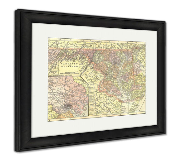 Framed Print, Vintage 1891 Map Of Delaware And Maryland