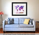 Framed Print, World Map In Watercolor Purple Warm