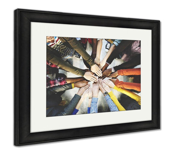 Framed Print, Group Of Diverse Hands Together Joining Concept