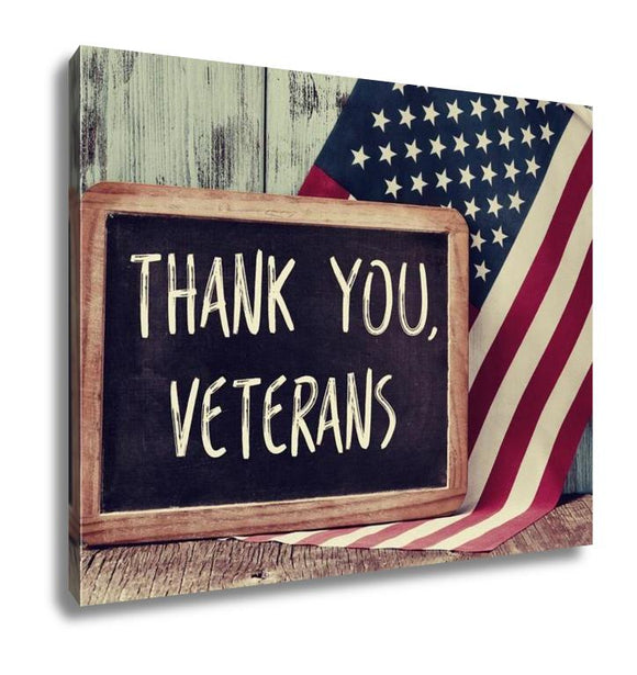 Gallery Wrapped Canvas, The Text Thank You Veterans Written In A Chalkboard And A Flag Of The United