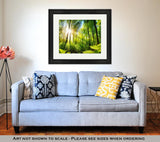 Framed Print, Scenic Forest Of Fresh Green Deciduous Trees Framed By Leaves With The Sun