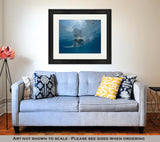 Framed Print, Surfer With Surf Board Dive Underwater With Fun Under Big Ocean Wave