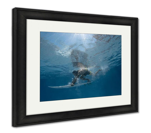 Framed Print, Surfer With Surf Board Dive Underwater With Fun Under Big Ocean Wave