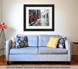 Framed Print, Retro Vintage Red Bike On Cobblestone Street In The Old Town Color In Black And