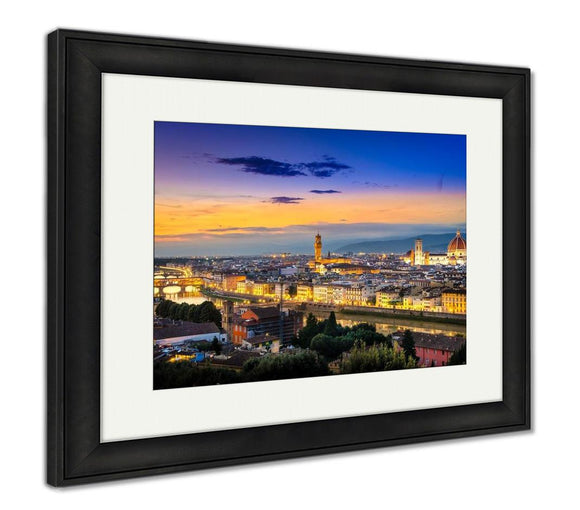 Framed Print, Scenic View Of Florence After Sunset From Piazzale Michelangelo