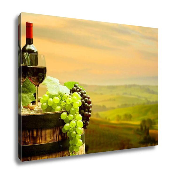 Gallery Wrapped Canvas, Red Wine With Barrel On Vineyard In Green Tuscany Italy