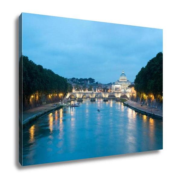 Gallery Wrapped Canvas, View On St Peters Basilica By Night Across The Tiber River Rome Italy