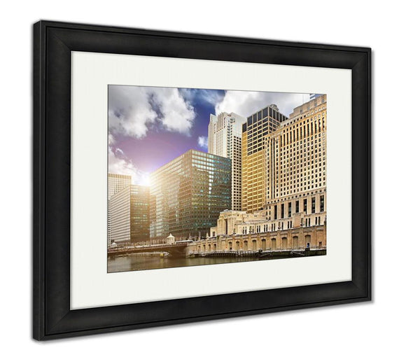 Framed Print, Chicago Downtown Riverfront Office Buildings And River At Sunset