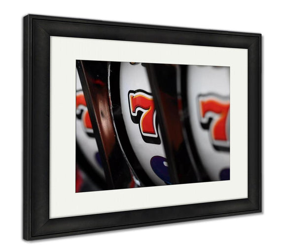 Framed Print, Close Up Of Three Seven Jackpot On Casino Slot Machine