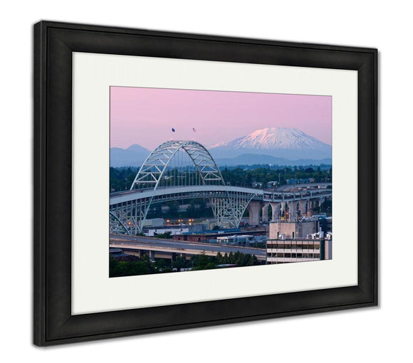 Framed Print, Alpenglow On Mount St Helens Mt Rainier Portlands Fremont Bridge