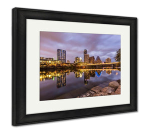 Framed Print, Austin Downtown Skyline By River At Night Texas