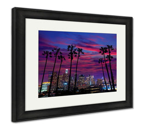 Framed Print, Downtown La Night Los Angeles Sunset Colorful Skyline California