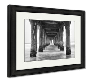 Framed Print, Under The Pier Black And White Photo Manhattan Beach California