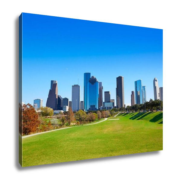 Gallery Wrapped Canvas, Houston Skyline In Sunny Day From Park Grass Of Texas USA