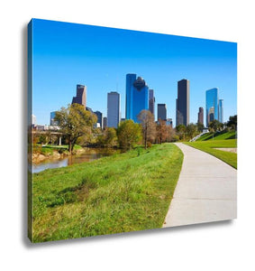 Gallery Wrapped Canvas, Houston Skyline In Sunny Day From Park Grass Of Texas USA