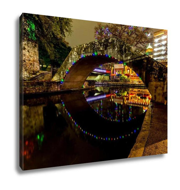 Gallery Wrapped Canvas, Night Time Scenic Views Riverwalk Christmas Lights On Rainy Day