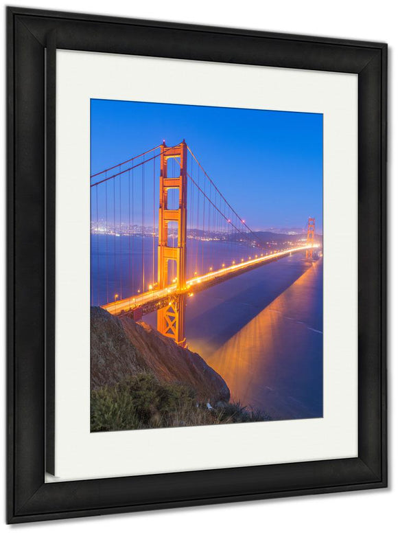 Framed Print, Night View Illuminated Golden Gate Bridge Which Spans Golden