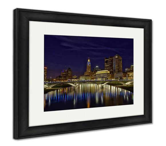 Framed Print, Vibrant Skyline Of Columbus Ohio With The Main Street Bridge