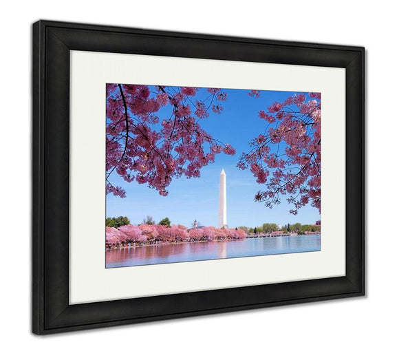 Framed Print, Washington Dc Cherry Blossom With Lake And Washington Monument