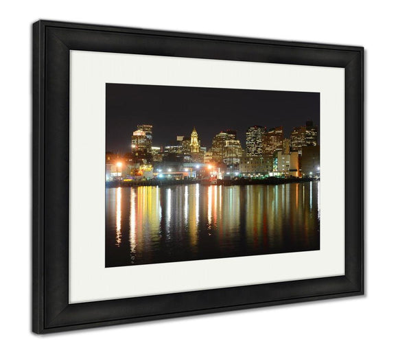 Framed Print, Boston Skyline At Night Massachusetts USA