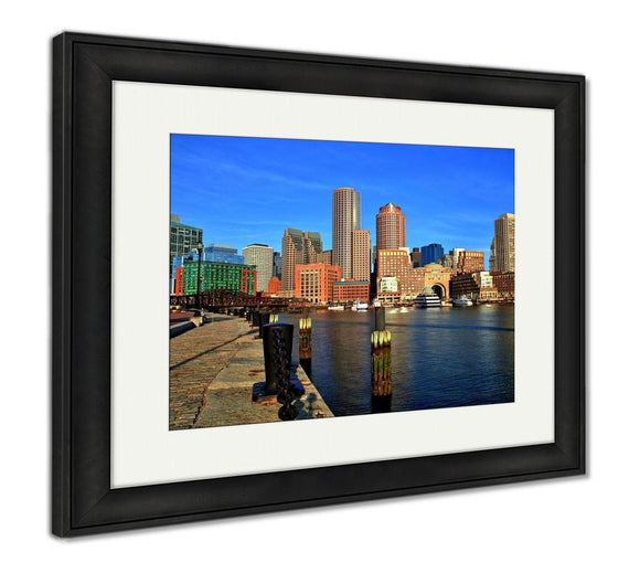 Framed Print, Boston Skyline Financial District Boston Harbor Sunrise