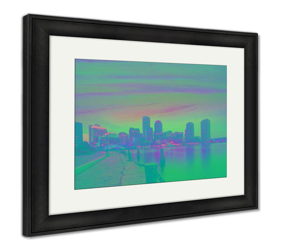 Framed Print, Boston Sunset Skyline From Fan Pier Massachusetts USA