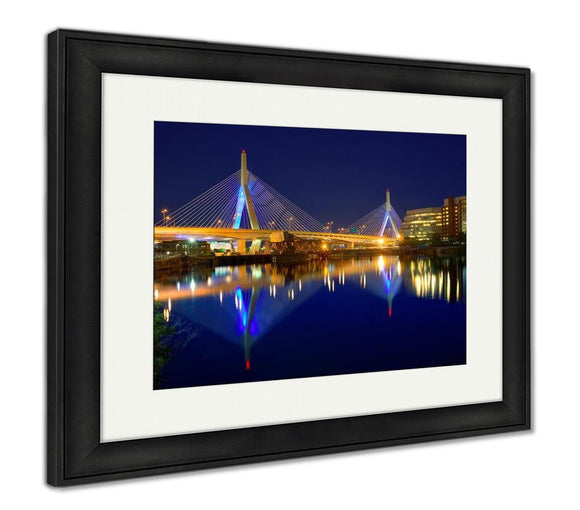 Framed Print, Boston Zakim Bridge Sunset In Bunker Hill Massachusetts USA