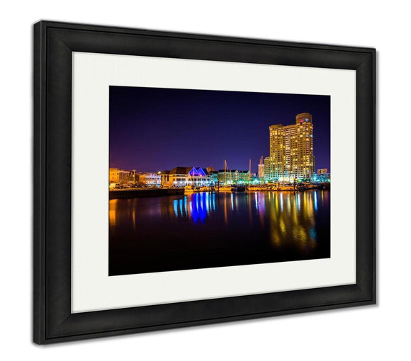 Framed Print, Marina And Apartment Building At Night In Baltimore Maryland