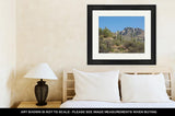 Framed Print, Mountain Peaks Rise Above Saguaro Cacti In Arizonas Desert