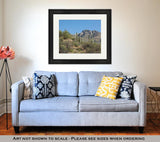 Framed Print, Mountain Peaks Rise Above Saguaro Cacti In Arizonas Desert