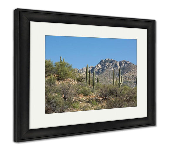 Framed Print, Mountain Peaks Rise Above Saguaro Cacti In Arizonas Desert