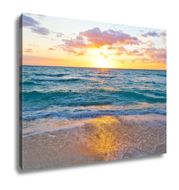 Gallery Wrapped Canvas, Sunrise And Ocean Golden Wave On Miami Beach Floridus