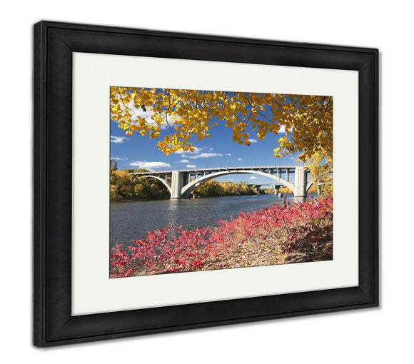 Framed Print, Autumn Colors With Bridge Over The Mississippi River Minnesota