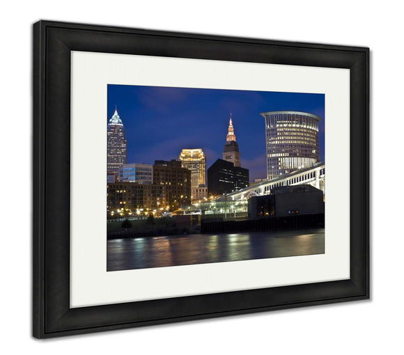 Framed Print, Skyline Of Cleveland Evening Time Usnorth Americ