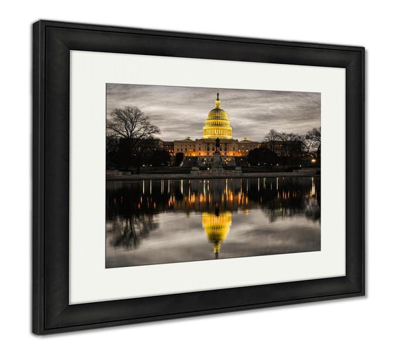 Framed Print, Us Capitol Building And Reflection At Sunrise Washington Dc USA